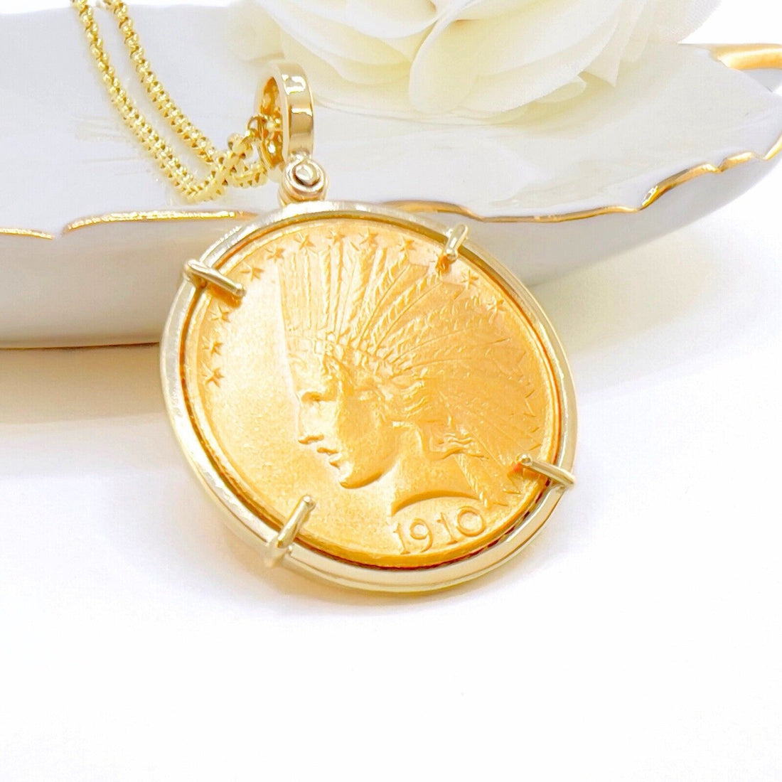 Genuine 1910 US Indian Head 10 Dollar Eagle Gold Coin With 14k Pendant Frame