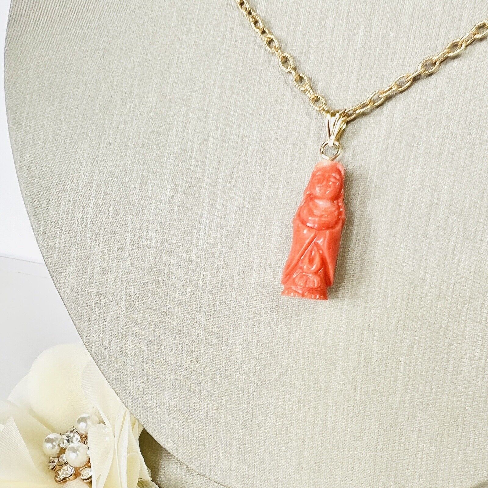 Natural Dark Salmon Guanyin (13.6ct) Solid 14k Yellow Gold Pedant, New