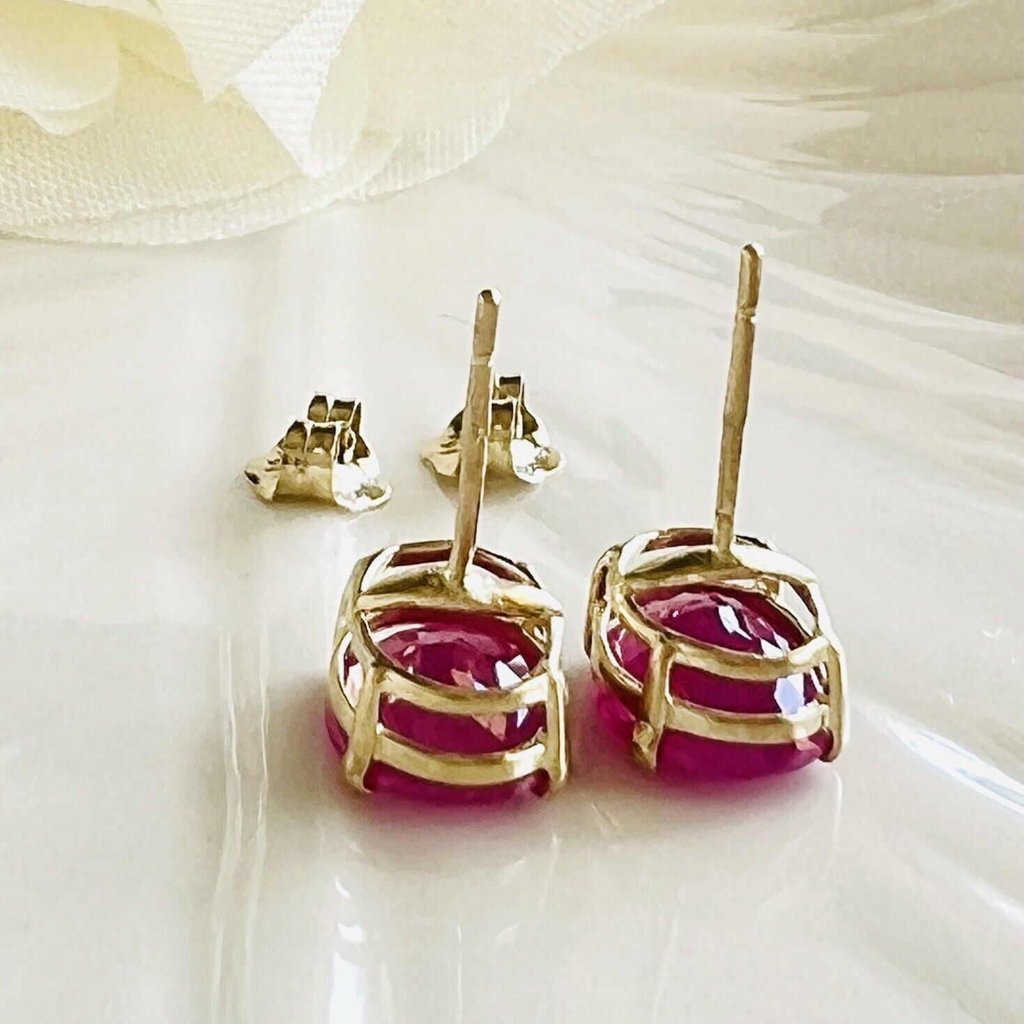 Solid 14k Yellow Gold Genuine Ruby 6x8mm Stud Earrings, New