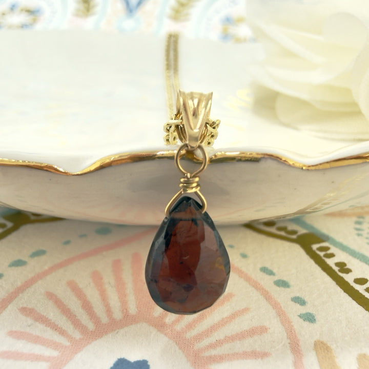 14k Yellow Gold Genuine Garnet Drop Pendant, 0.75" New