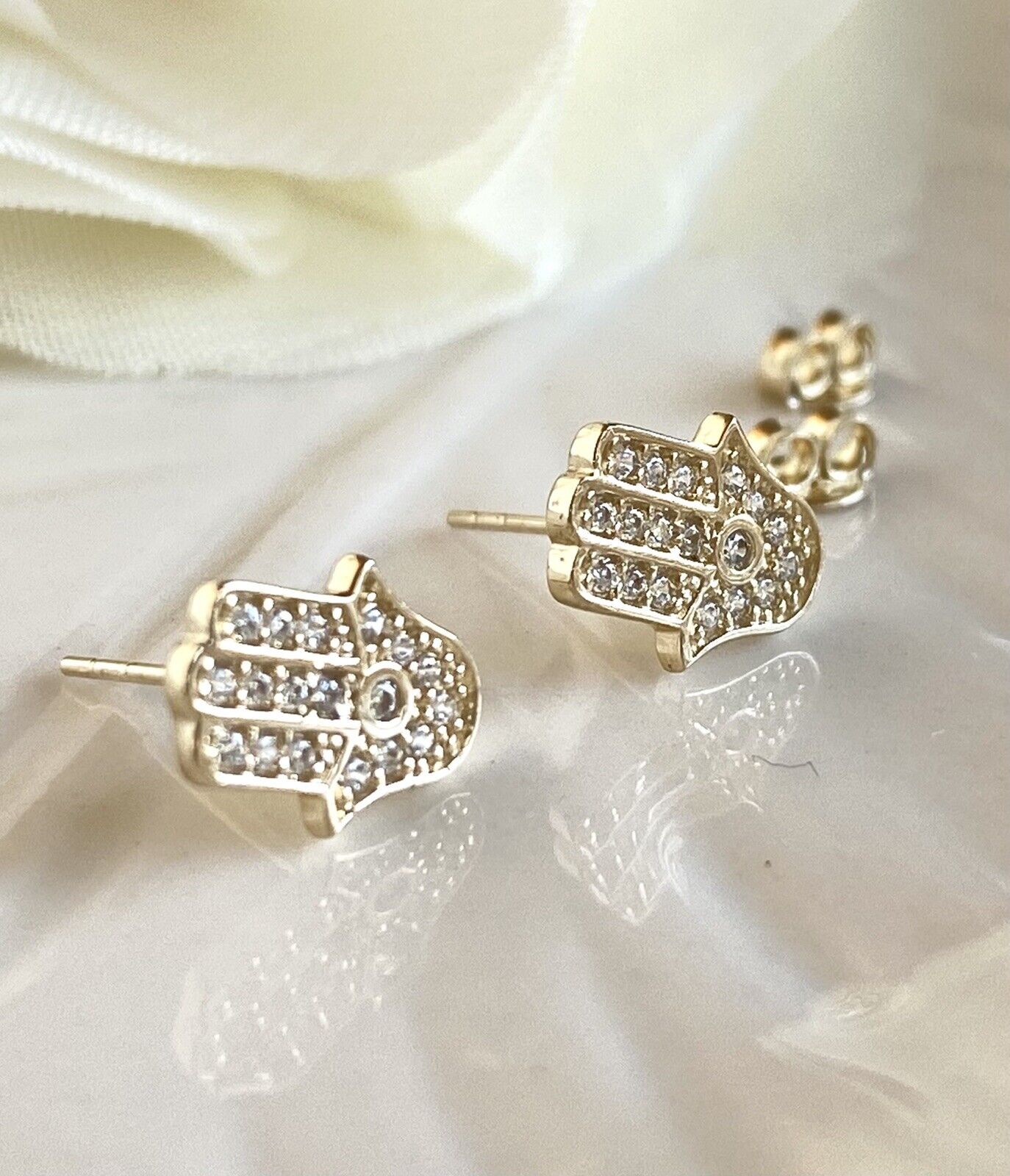 Solid 14K Yellow Gold & Cubic Zirconia Hamsa Hand Stud Earrings, New