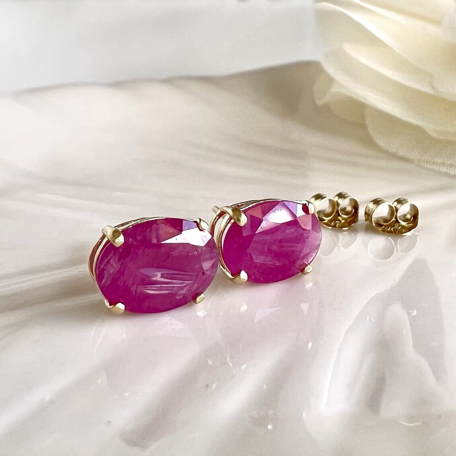 Solid 14k Yellow Gold Genuine Ruby 6x8mm Stud Earrings, New