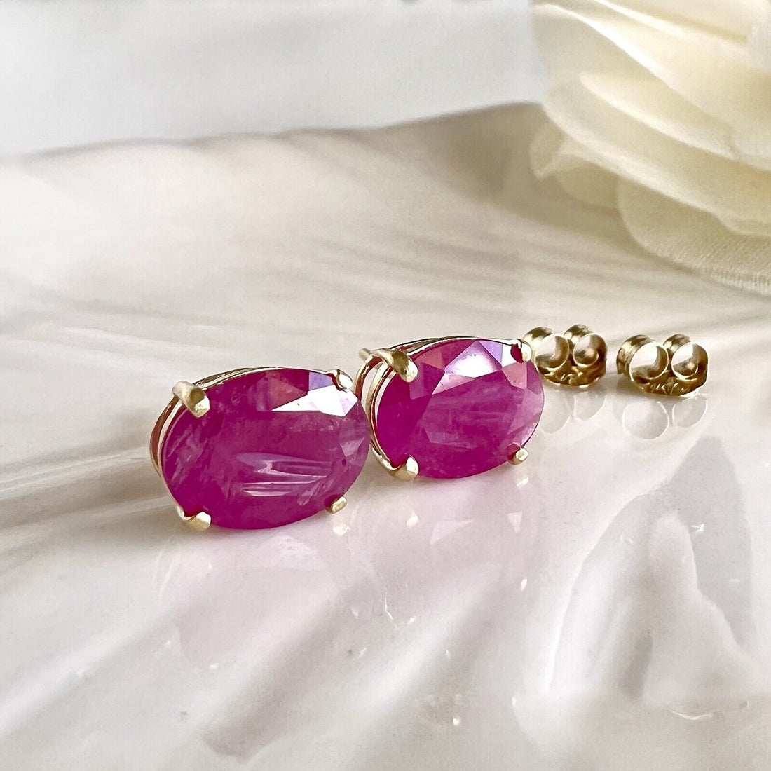 Solid 14k Yellow Gold Genuine Ruby 6x8mm Stud Earrings, New
