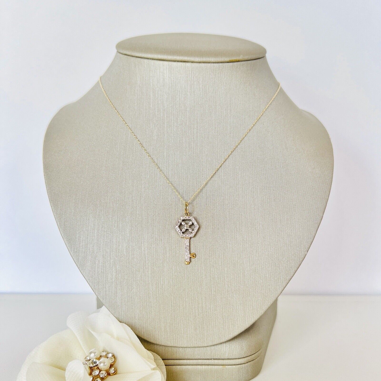 Solid 10k Yellow & White Gold & Diamond Hexagonal Skeleton Key Pendant Necklace,