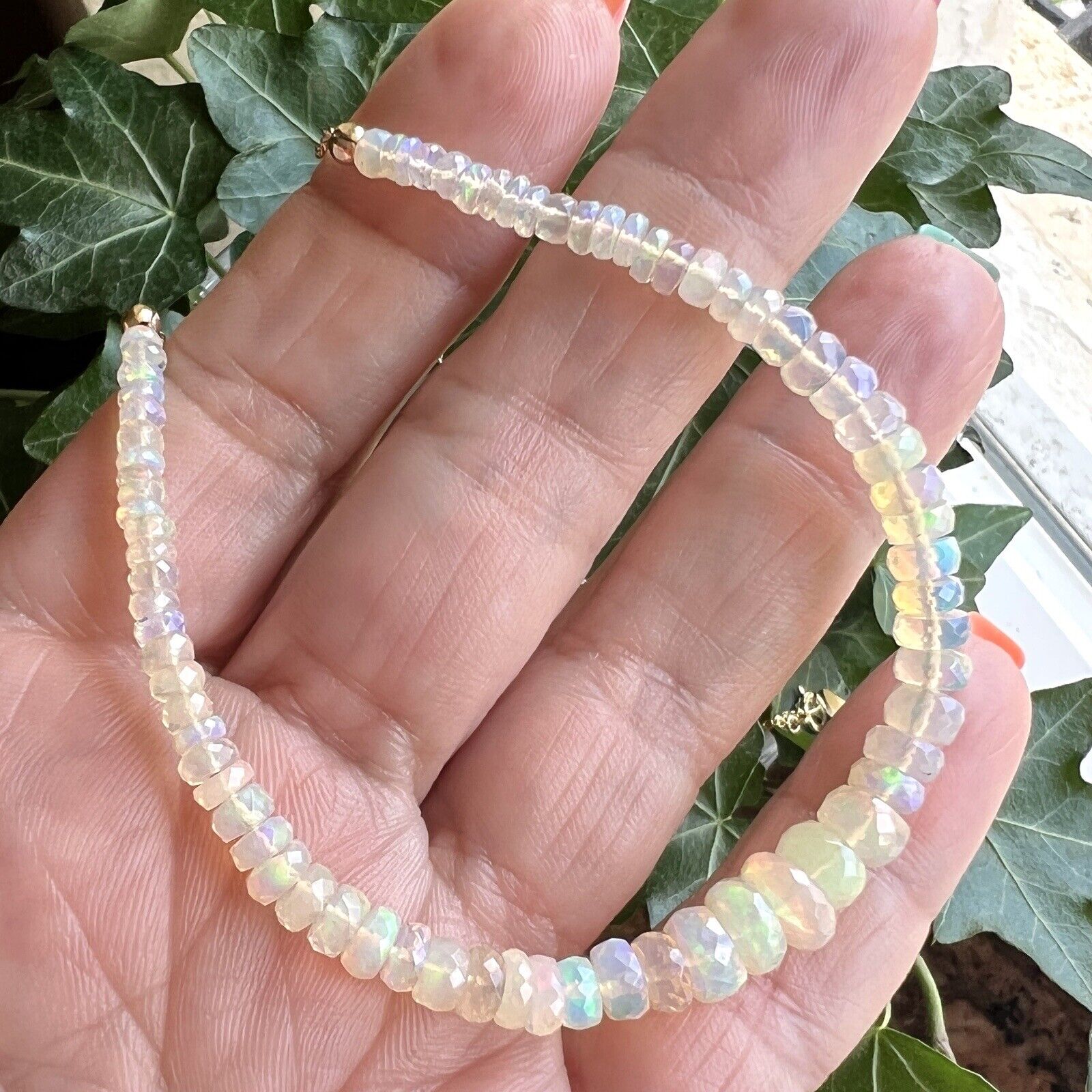 Genuine Opal (21.3ct) Solid 14k Yellow Gold Bead/Chain Necklace, New 19.5"