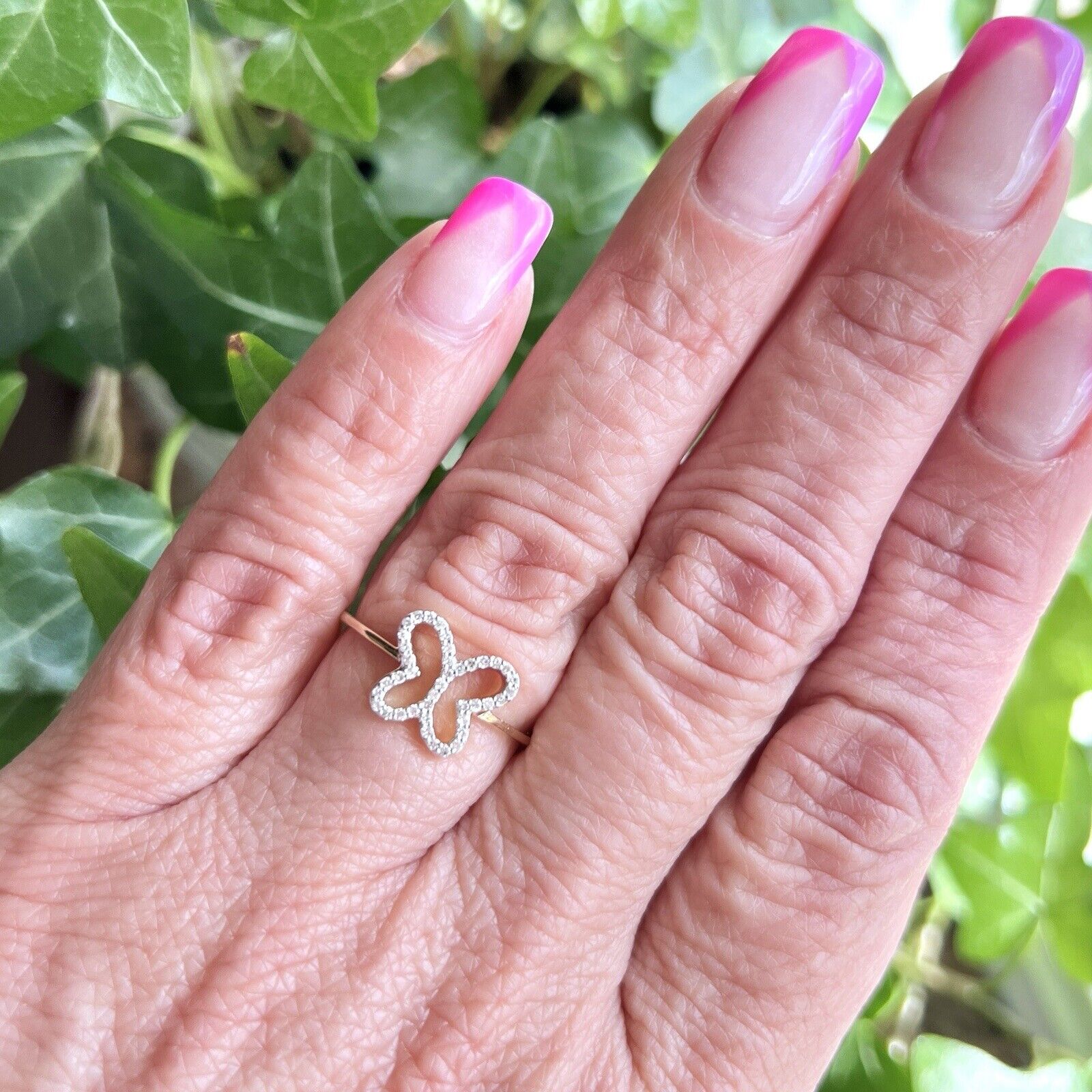 Solid 10k Yellow Gold Genuine Diamond Butterfly Cut-Out Ring, Size 7