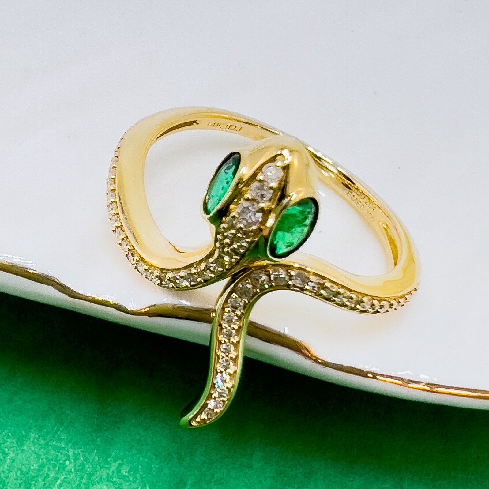 🐍Genuine Emerald & Diamond 14k Yellow Gold Snake Ring, New, Size7.5