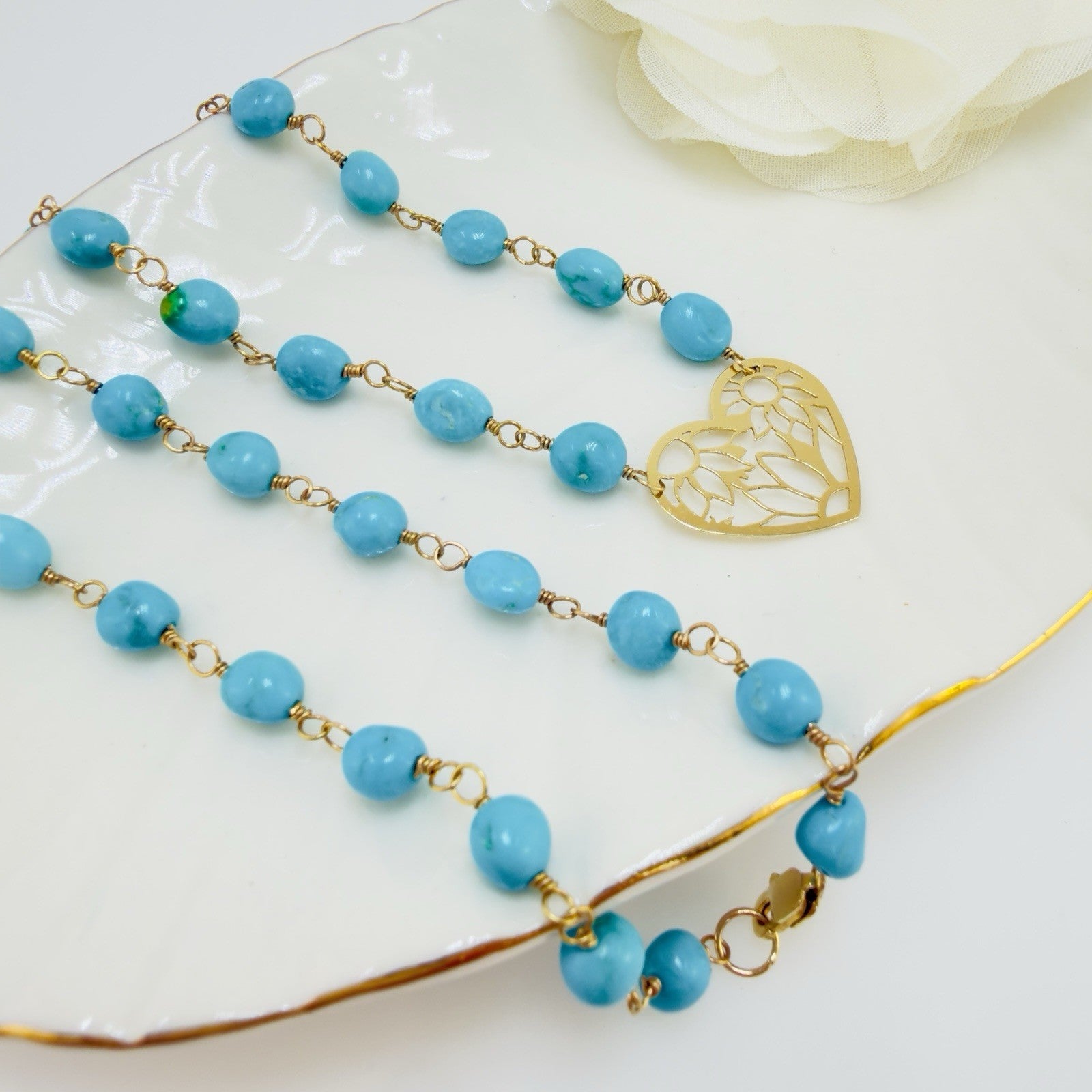 14k Sleeping Beauty Turquoise with Pierce-Work Heart Pendant Necklace, 18.25"
