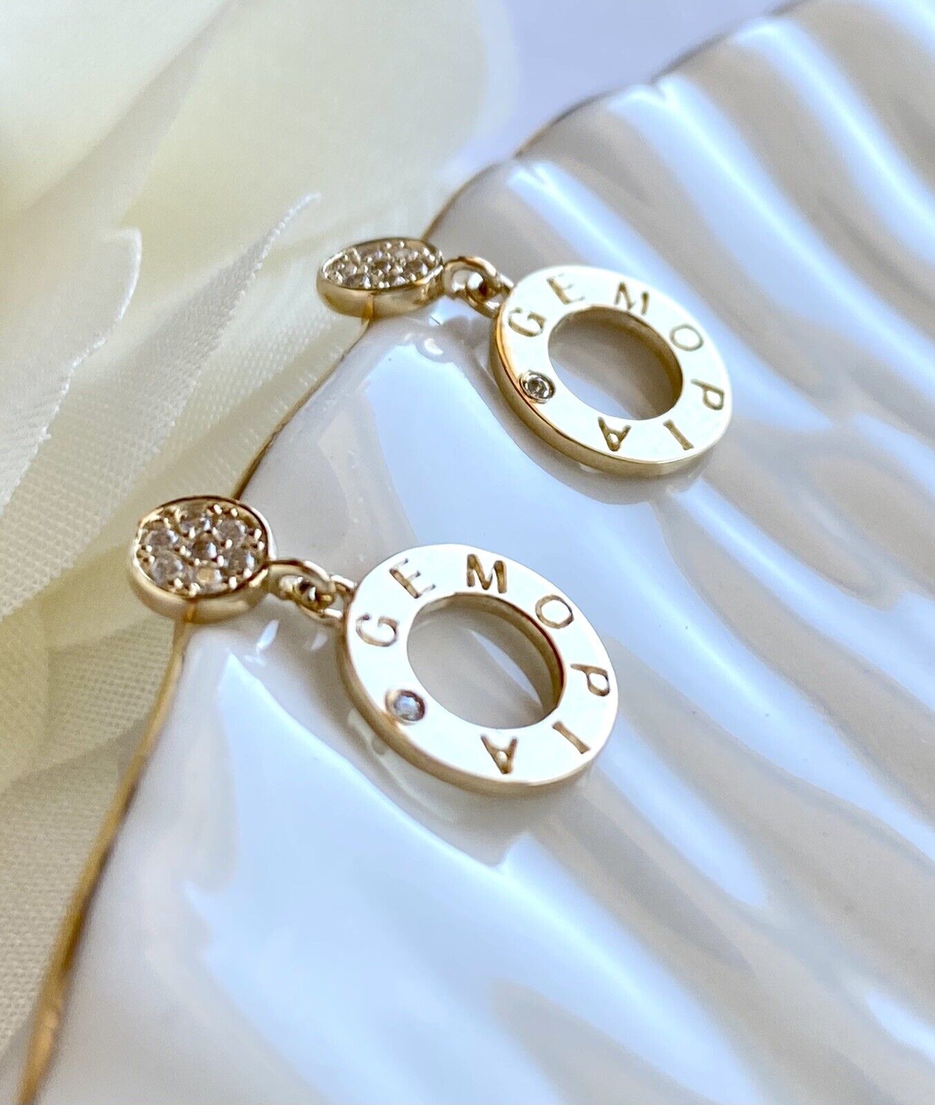 Solid 14K Yellow Gold & Cubic Zirconia Open Circle Dangle Earrings, New