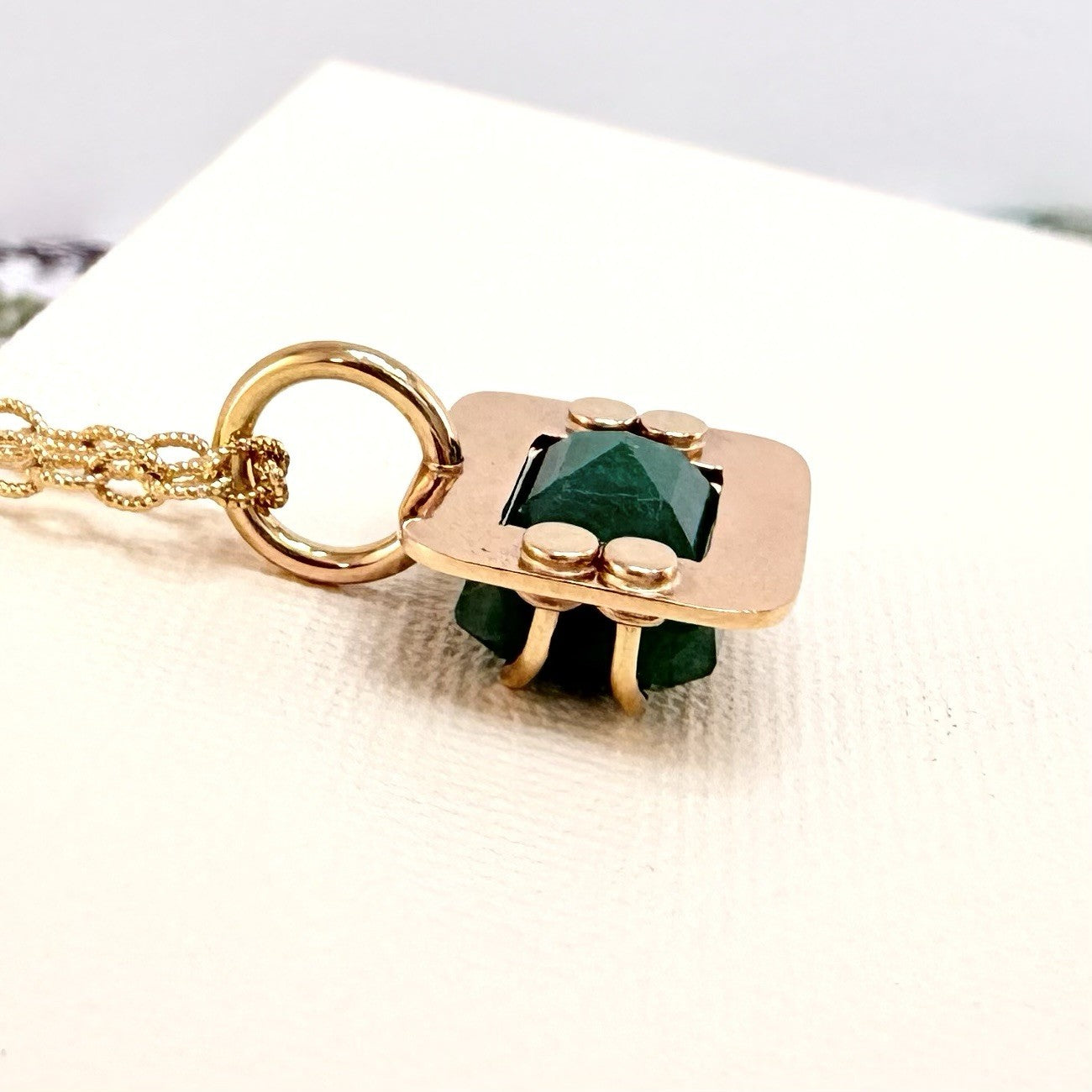 14k Yellow Gold Genuine Emerald Modernist Unisex Pendant, Newly Handcrafted 7ct