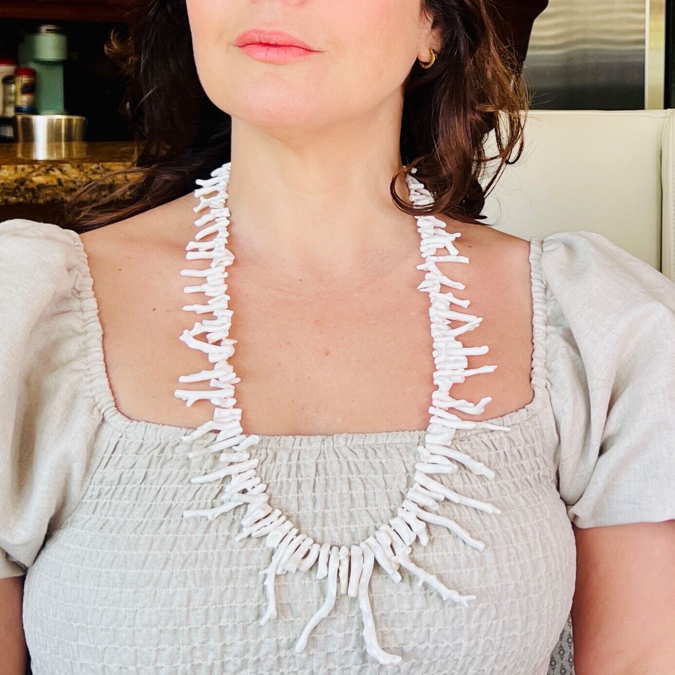 Solid 14k Yellow Gold Genuine White Branch Coral & Seed Pearl Necklace New 28.5"