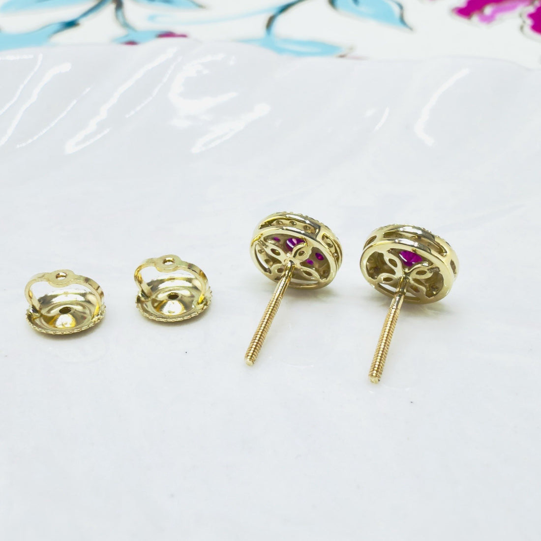 14k Yellow Gold Genuine Ruby & Diamond Halo Stud Screw-Back Earrings, New