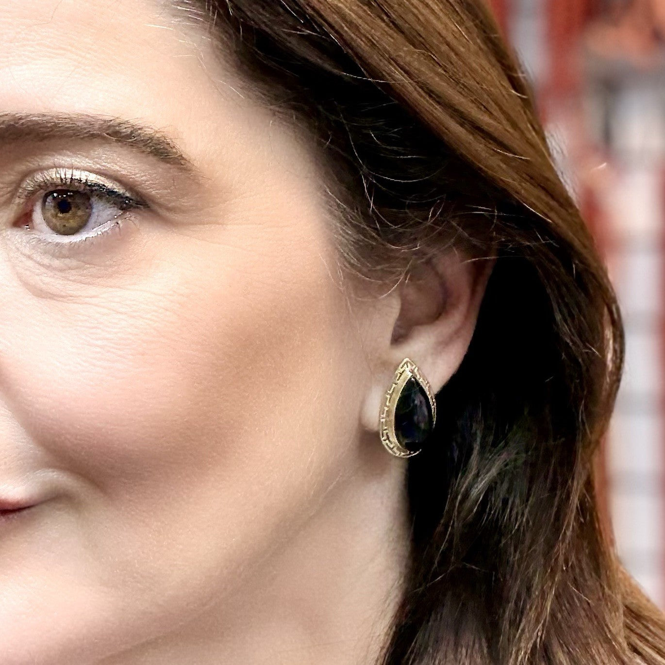 14k Yellow Gold Black Onyx Omega Back Earrings, Preowned