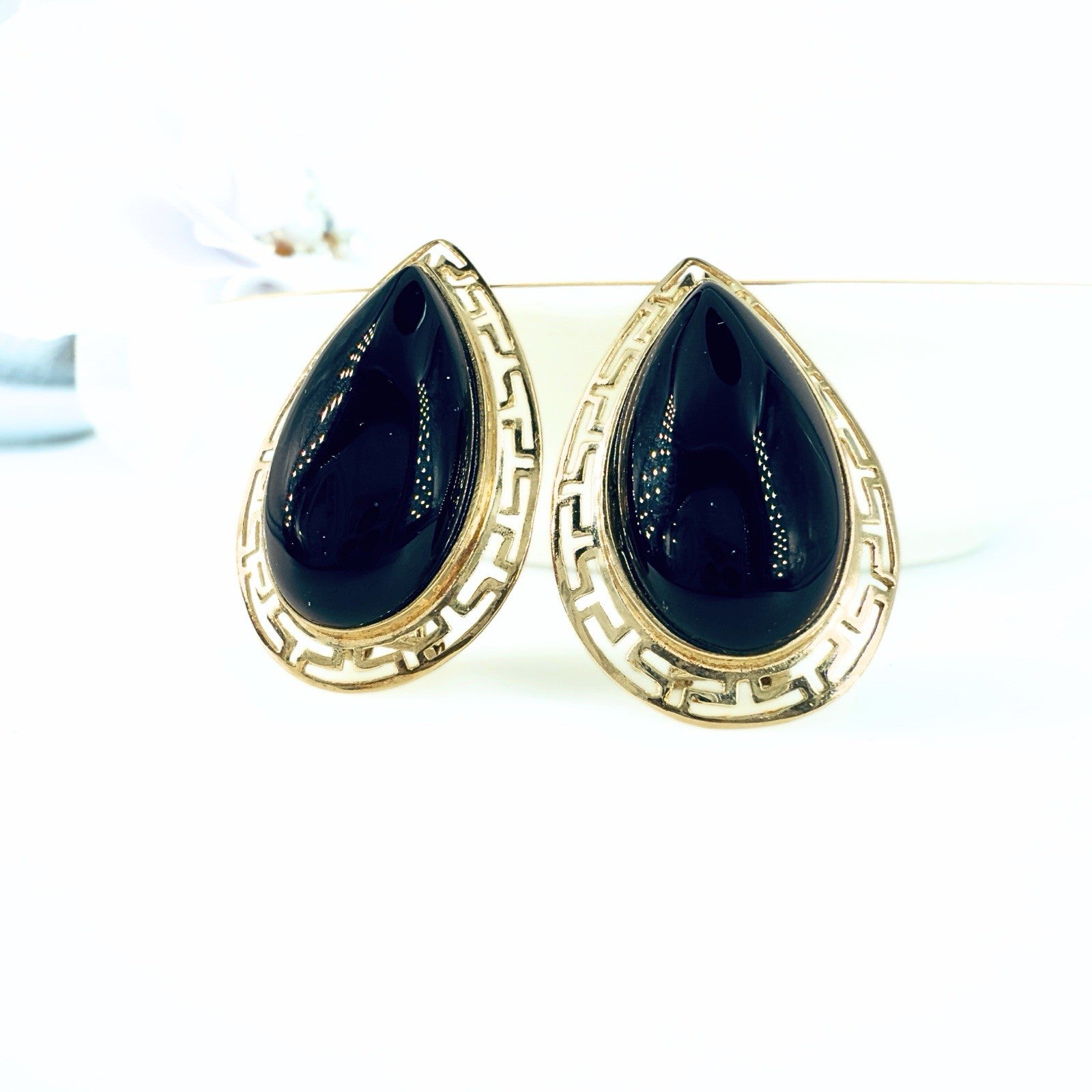 14k Yellow Gold Black Onyx Omega Back Earrings, Preowned