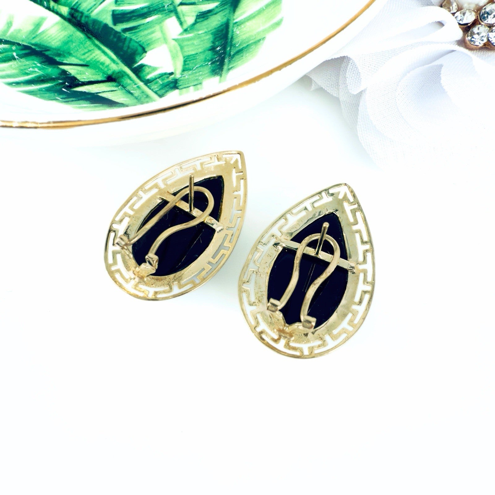 14k Yellow Gold Black Onyx Omega Back Earrings, Preowned