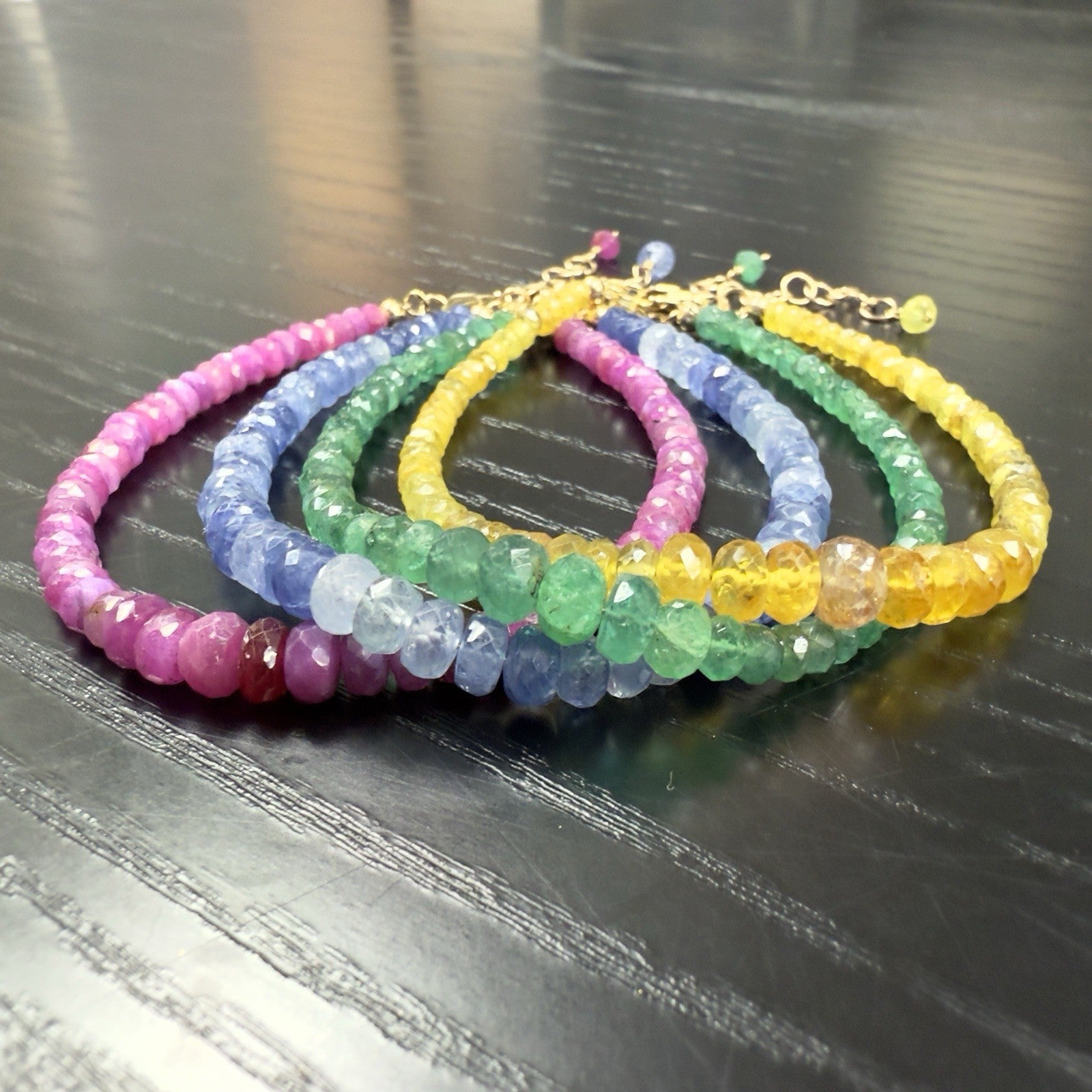 14k Yellow Gold Natural Emerald Bracelet, Adjustable 6.75-7.75", New