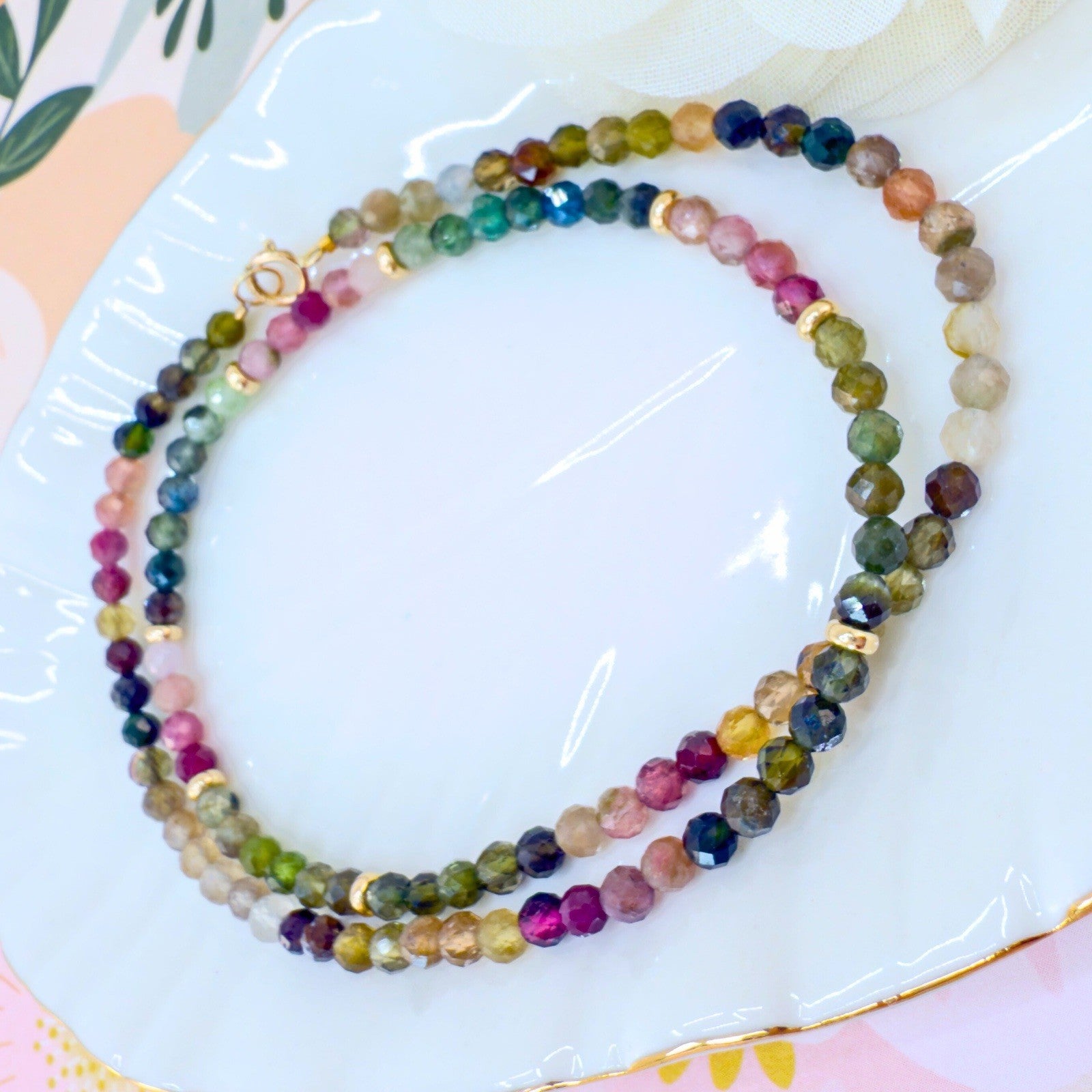 14k Yellow Gold Multicolor Tourmaline Bead Necklace, New 16"