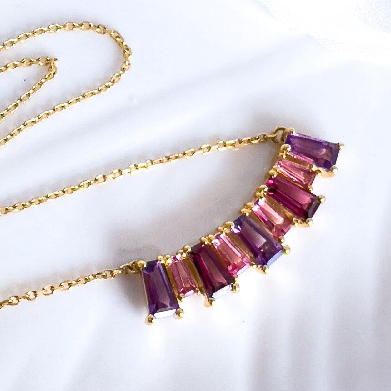 10k Yellow Gold Genuine Garnet & Amethyst Pendant Necklace, Adj. 16-18" New