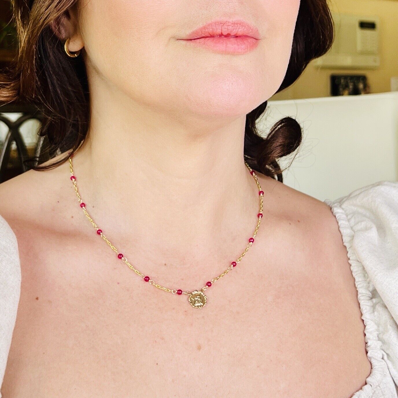 Solid 14k Yellow Gold and Lab Created Ruby (5.6ctw) Angel Necklace, New, 17.25"