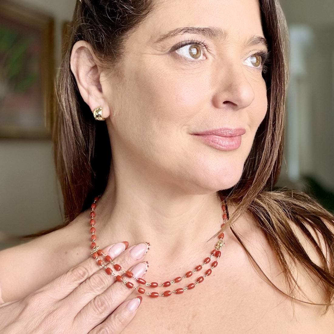 14k Yellow Gold Mediterranean Red Coral Handcrafted Necklace, 18.25-19.75"