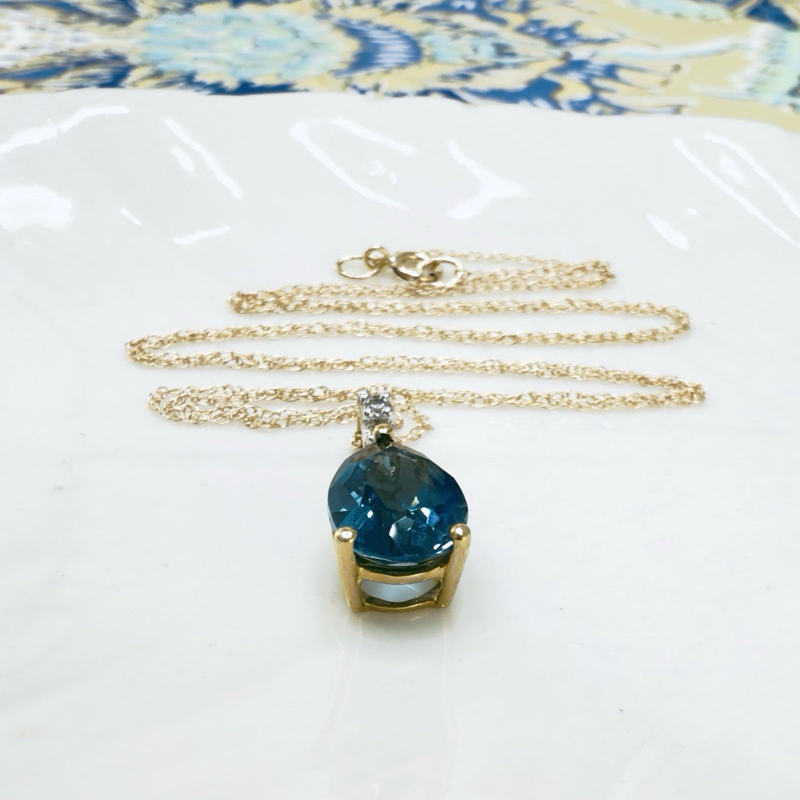 14k Yellow Gold Genuine London Blue Topaz & Diamond Pendant/Necklace, 18"