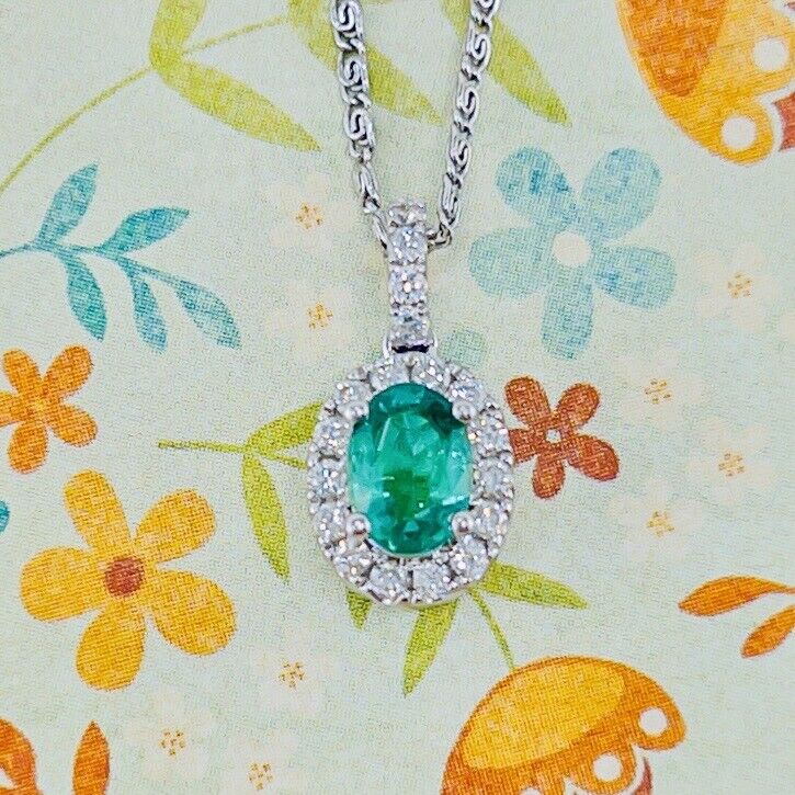 Solid 14k White Gold Genuine Colombian Emerald & Diamond Oval Pendant, New