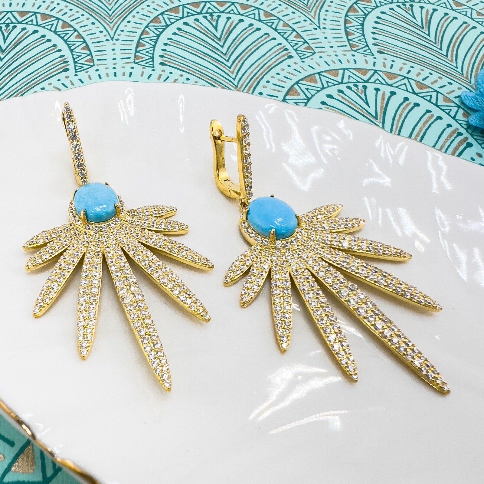 Sterling Silver Vermeil  Turquoise & Cubic Zirconia Dangle Earrings, New 2.4"