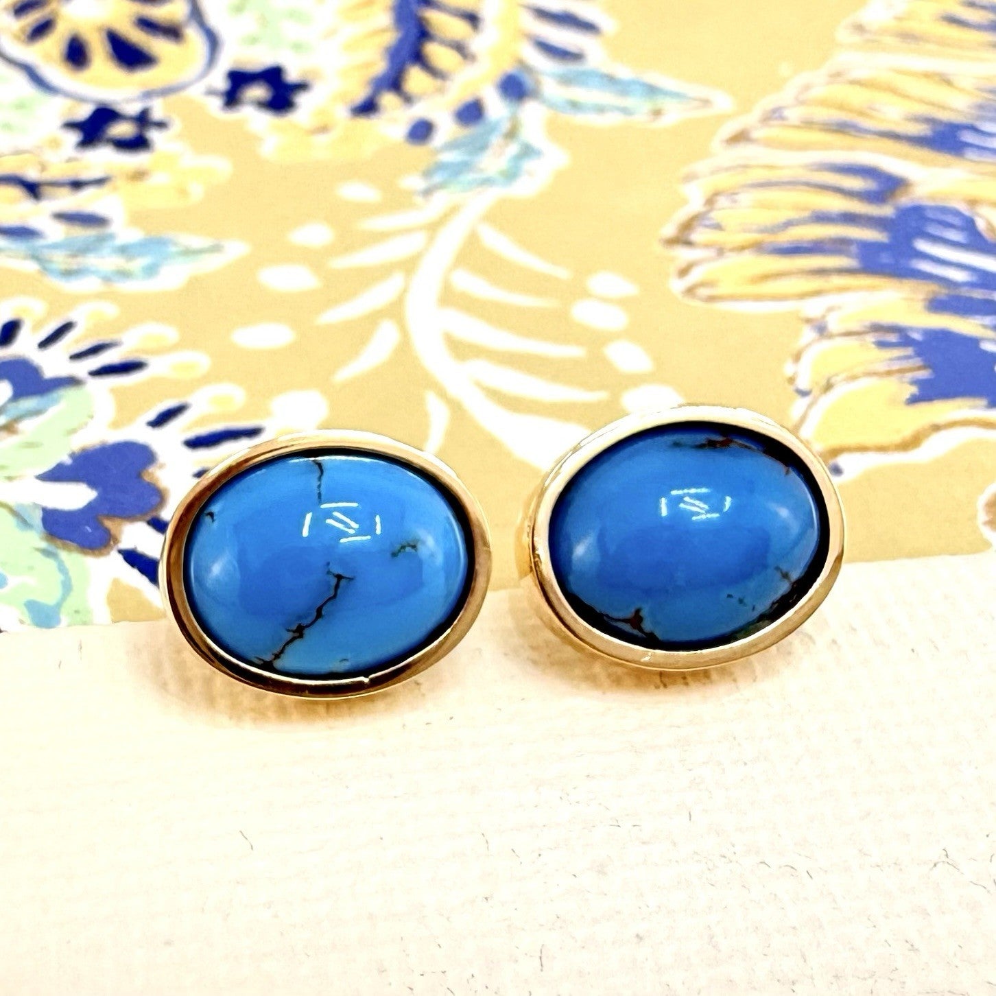 14k Yellow Gold Egyptian Turquoise Custom Made Stud Earrings, New Pair #3