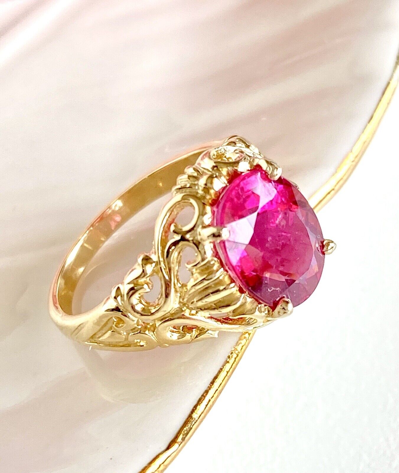 Genuine Pink Tourmaline & Solid 14k Yellow Gold Ring, New, Sz. 5.25
