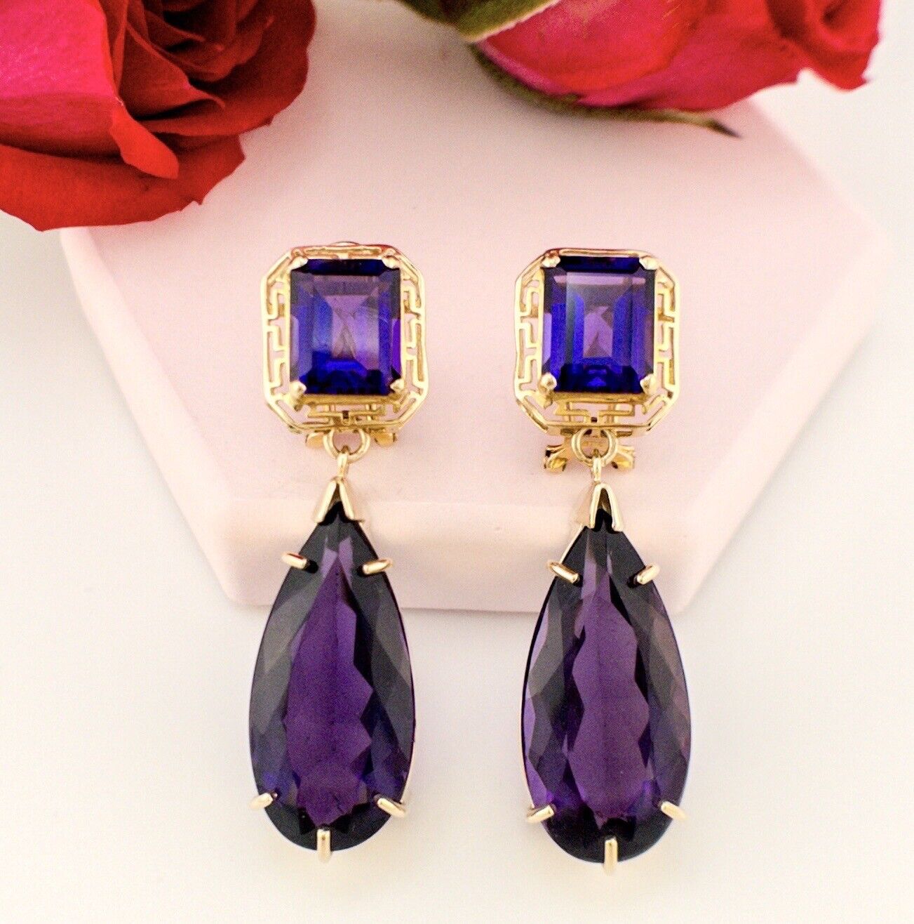 Solid 14k Yellow Gold Genuine Amethyst Omega-Back Dangle/Drop Earrings, 1.8"