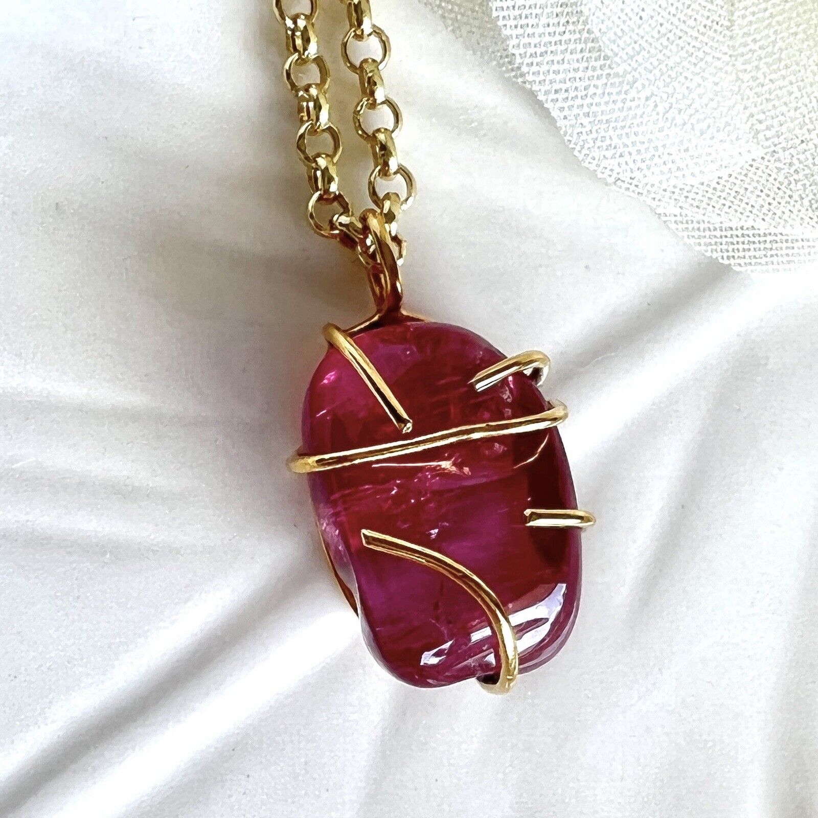 Solid 14k Yellow Gold Natural Smooth Pink Tourmaline (15ct) Nugget Pendant, New