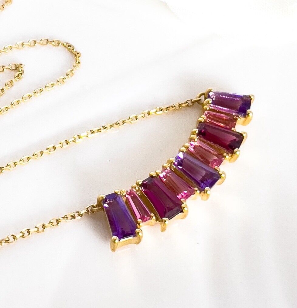 10k Yellow Gold Genuine Garnet & Amethyst Pendant Necklace, Adj. 16-18" New