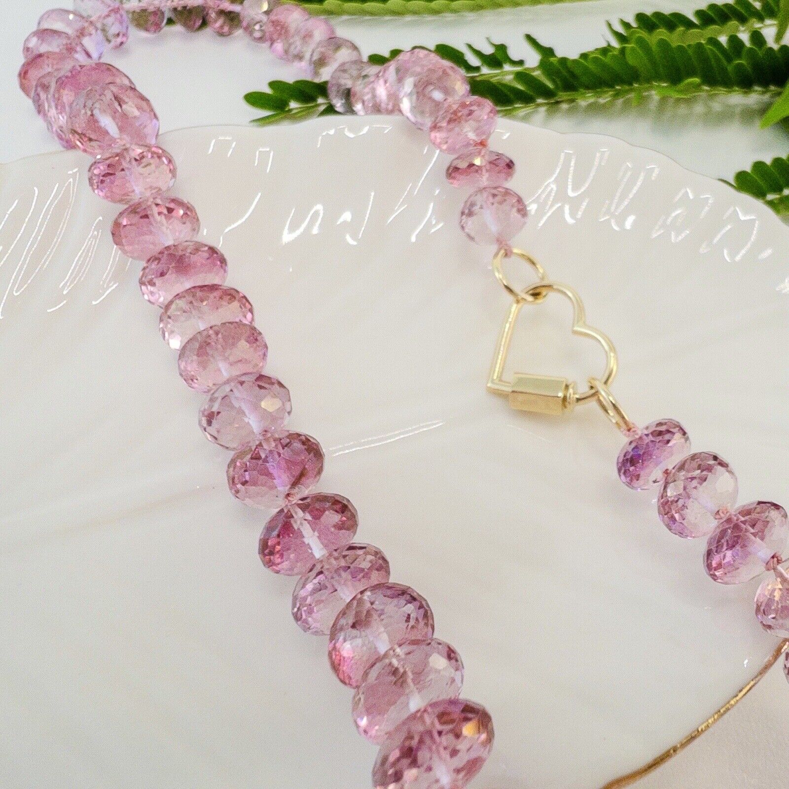 Solid 14k Yellow Gold Heart Clasp & Pink Topaz Necklace, New 17"