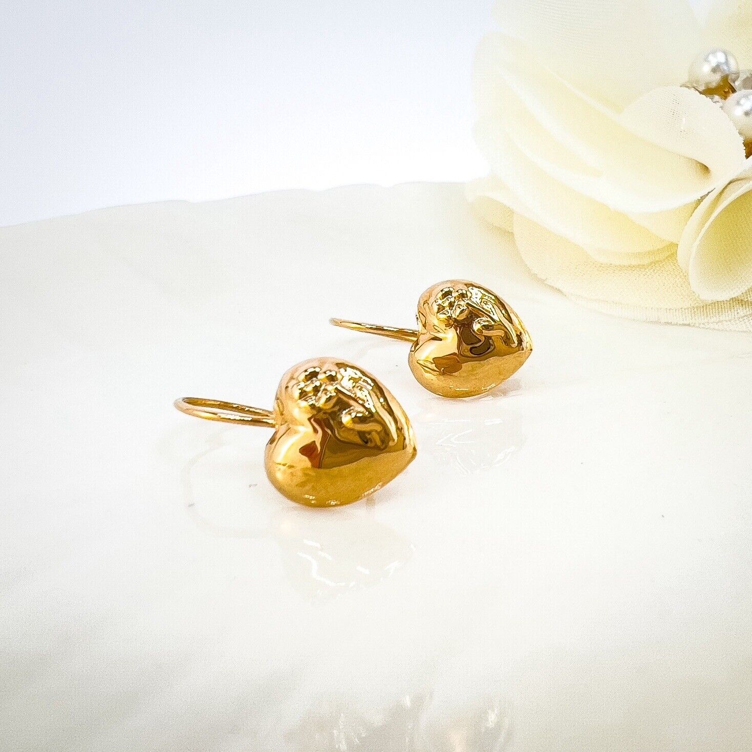 Antique 14k Rose Gold Repoussé Flower Heart Design Dangle Hook Earrings