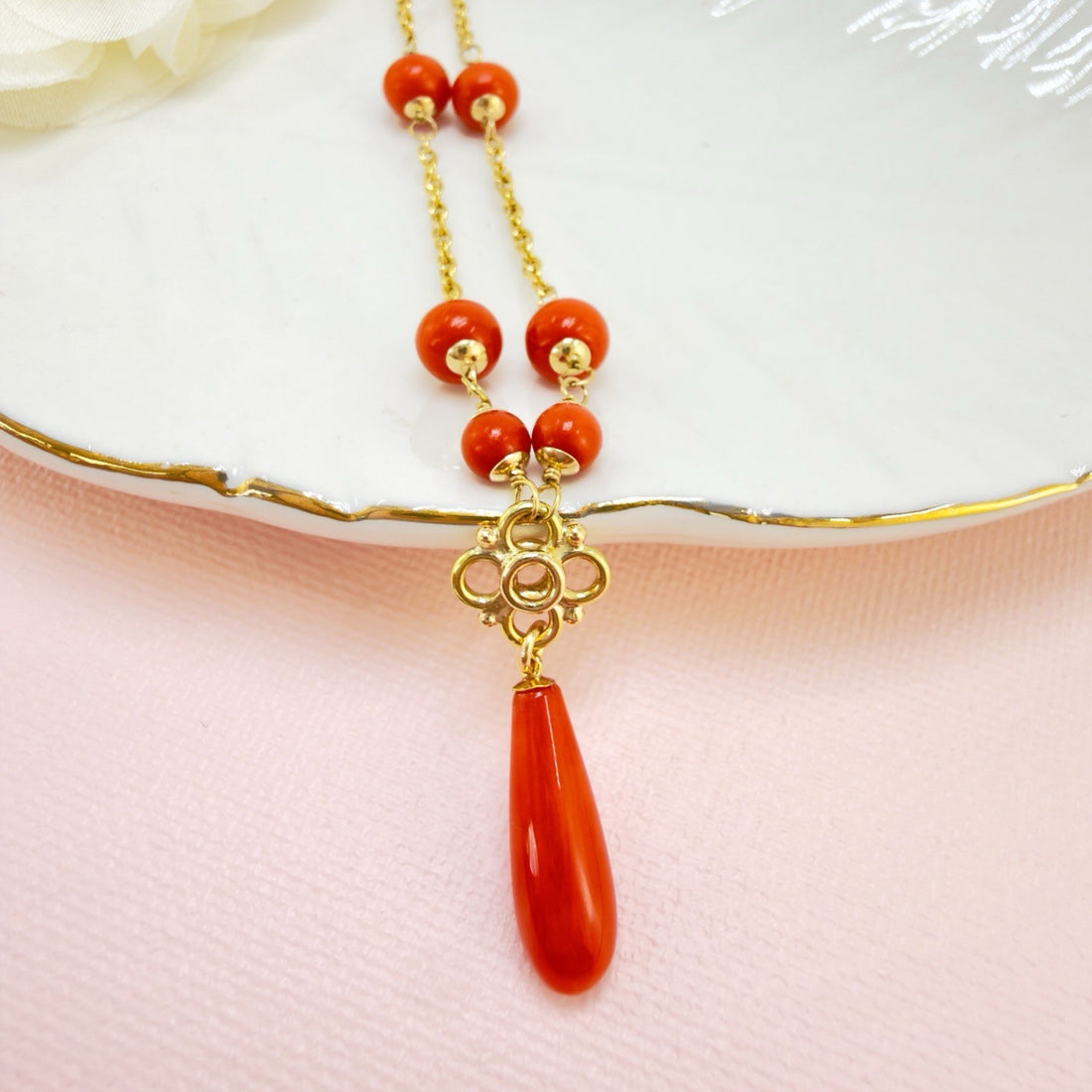 14k Yellow Gold Natural Red Coral Station Necklace w/Drop, 17.5-19" New