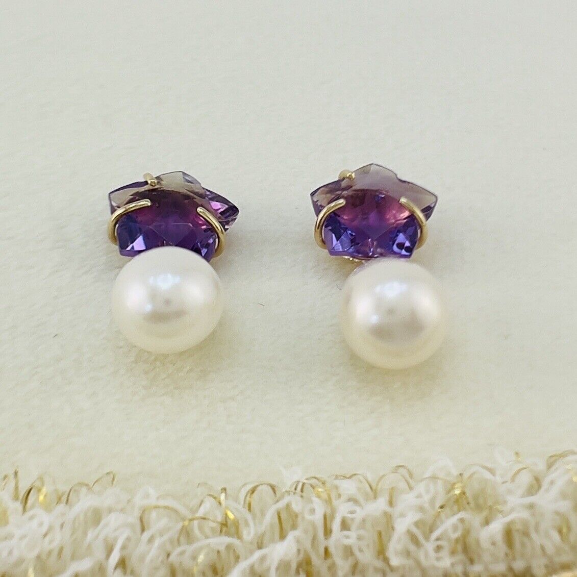 Solid 14k Yellow Gold Genuine Amethyst Star & Pearl Dangle/Drop Earrings, New