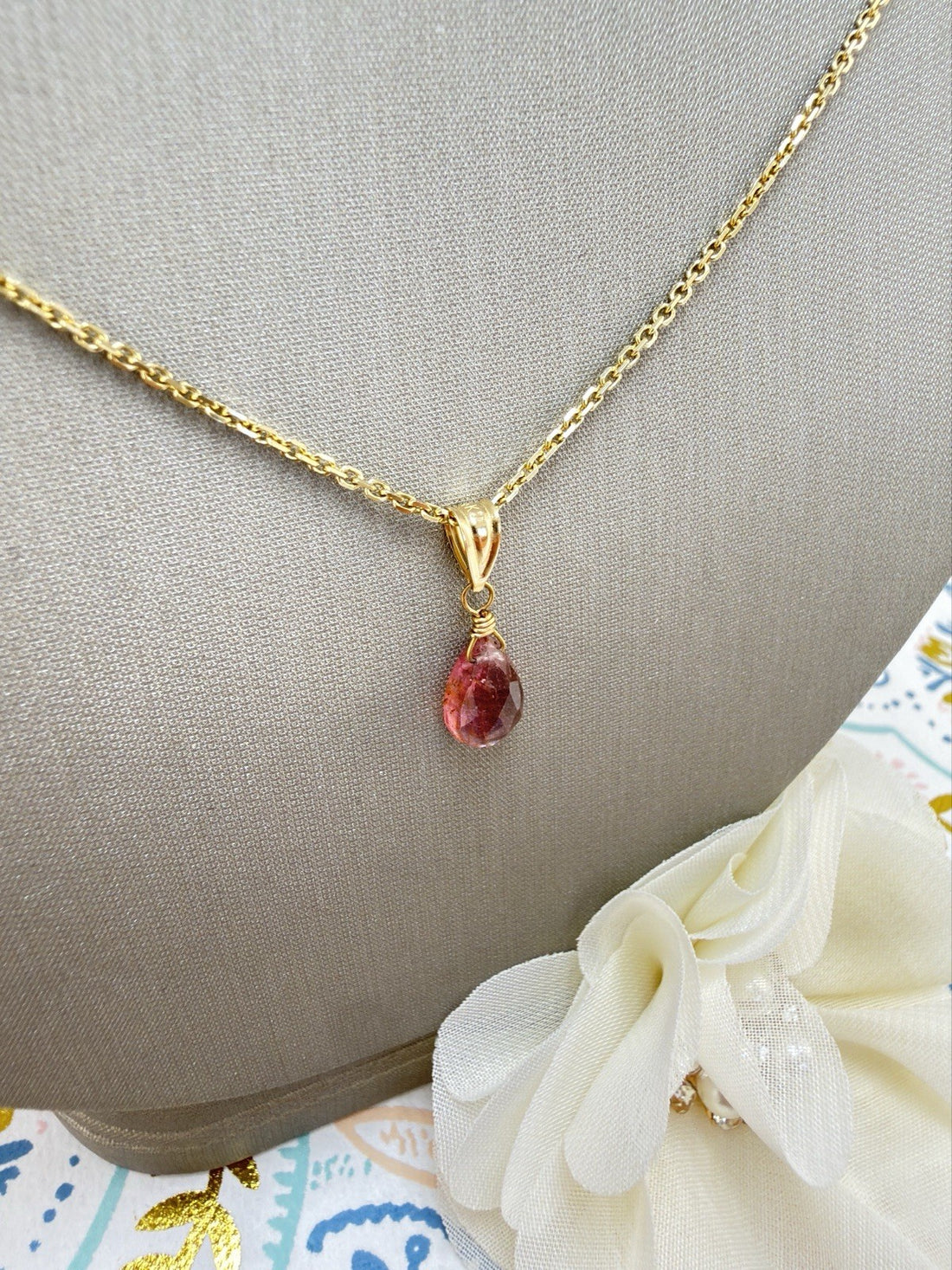 14k Yellow Gold Genuine Pink Tourmaline Drop Pendant, 0.75" New