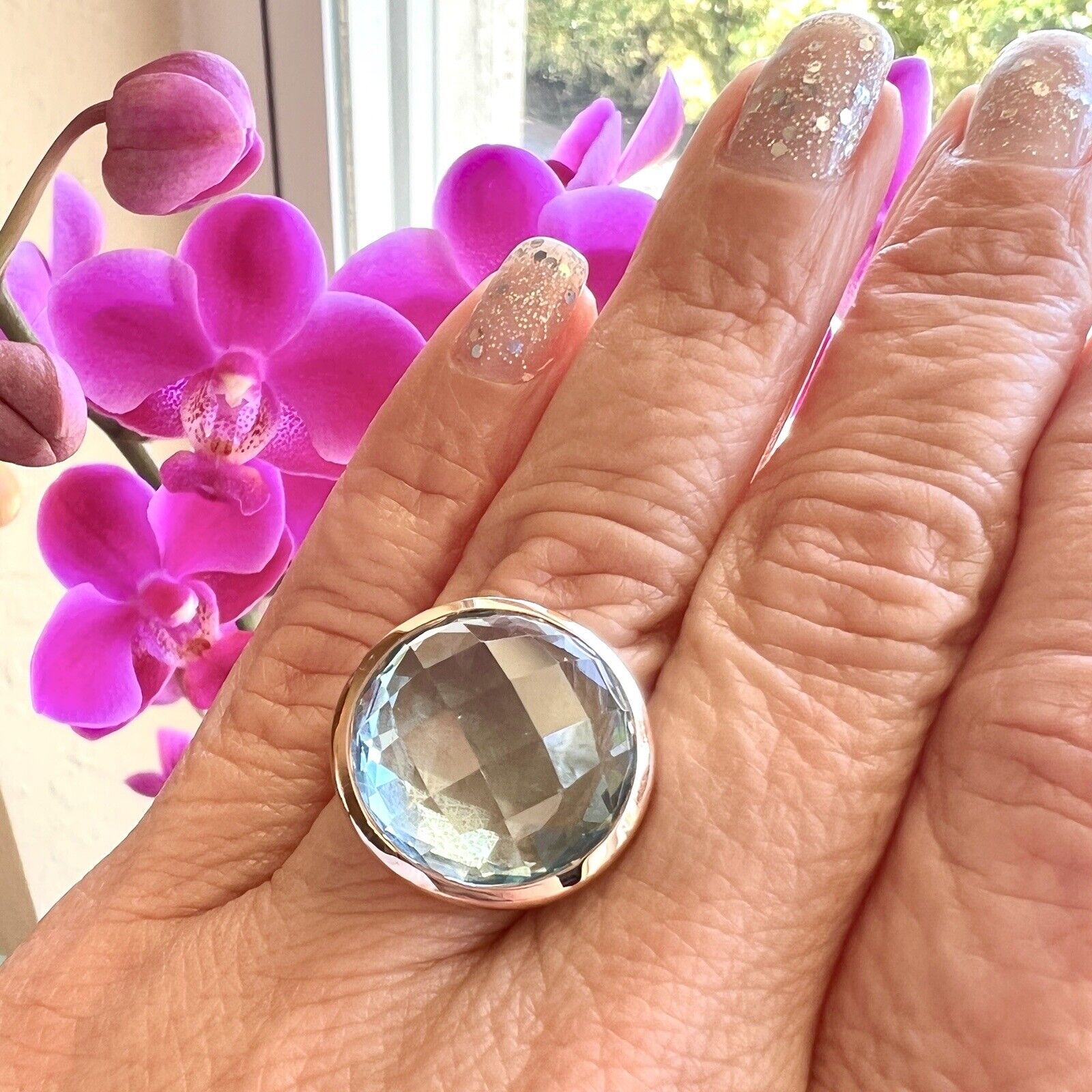 Modern Solid 14k Rose Gold Sky Blue Topaz Dome Ring, New, Size 6