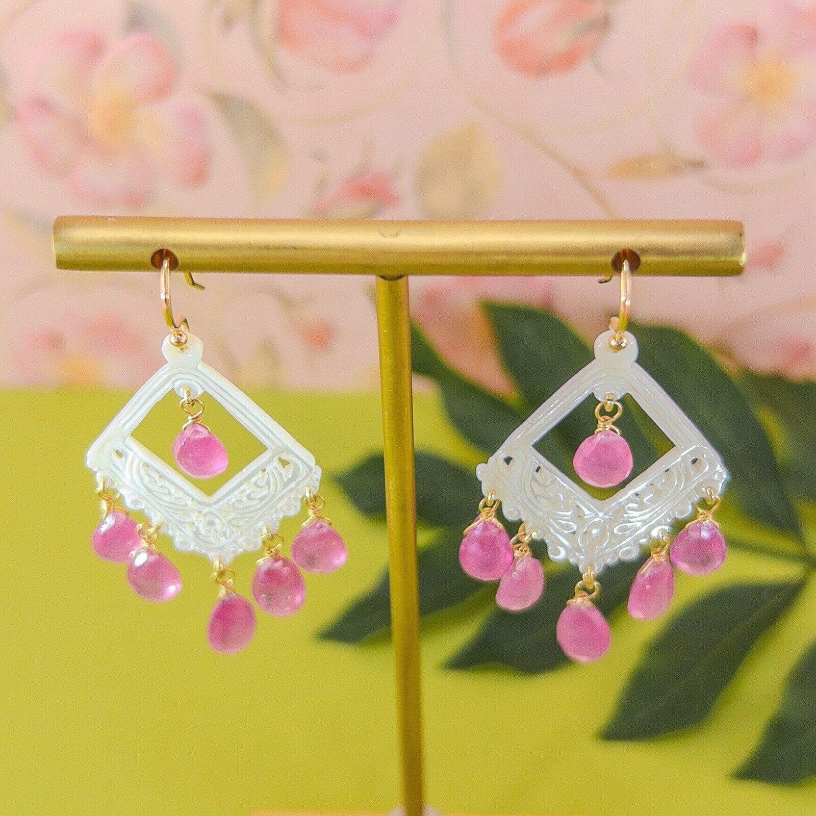 Solid 14k Yellow Gold Pink Sapphire & Mother of Pearl Chandelier Dangle Earrings