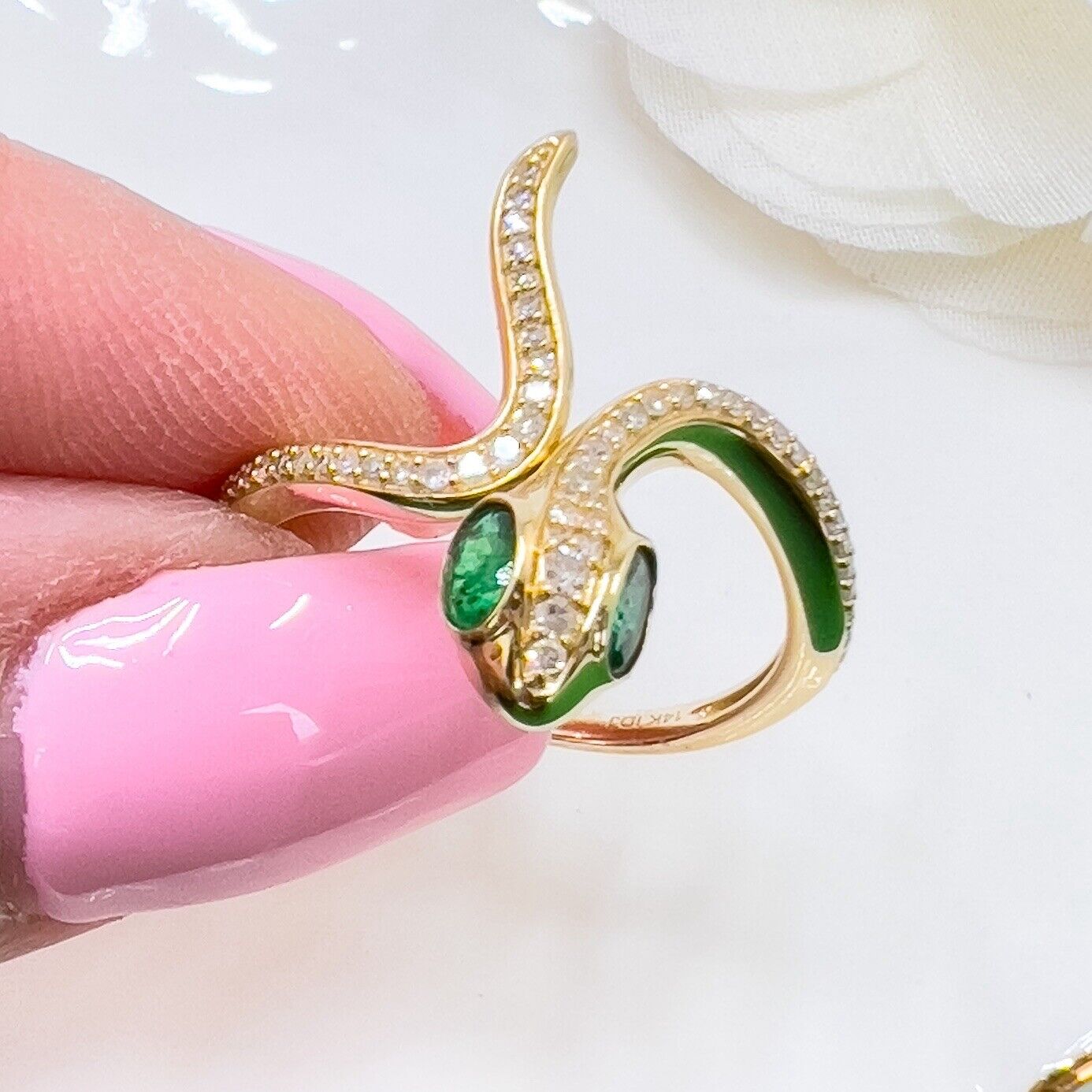 🐍Genuine Emerald & Diamond 14k Yellow Gold Snake Ring, New, Size7.5