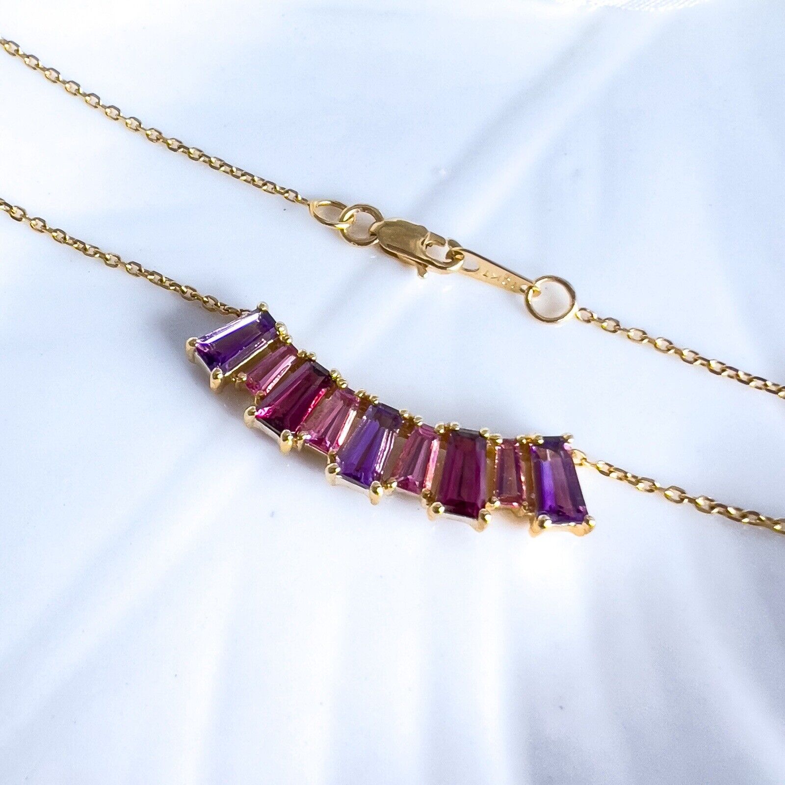 10k Yellow Gold Genuine Garnet & Amethyst Pendant Necklace, Adj. 16-18" New