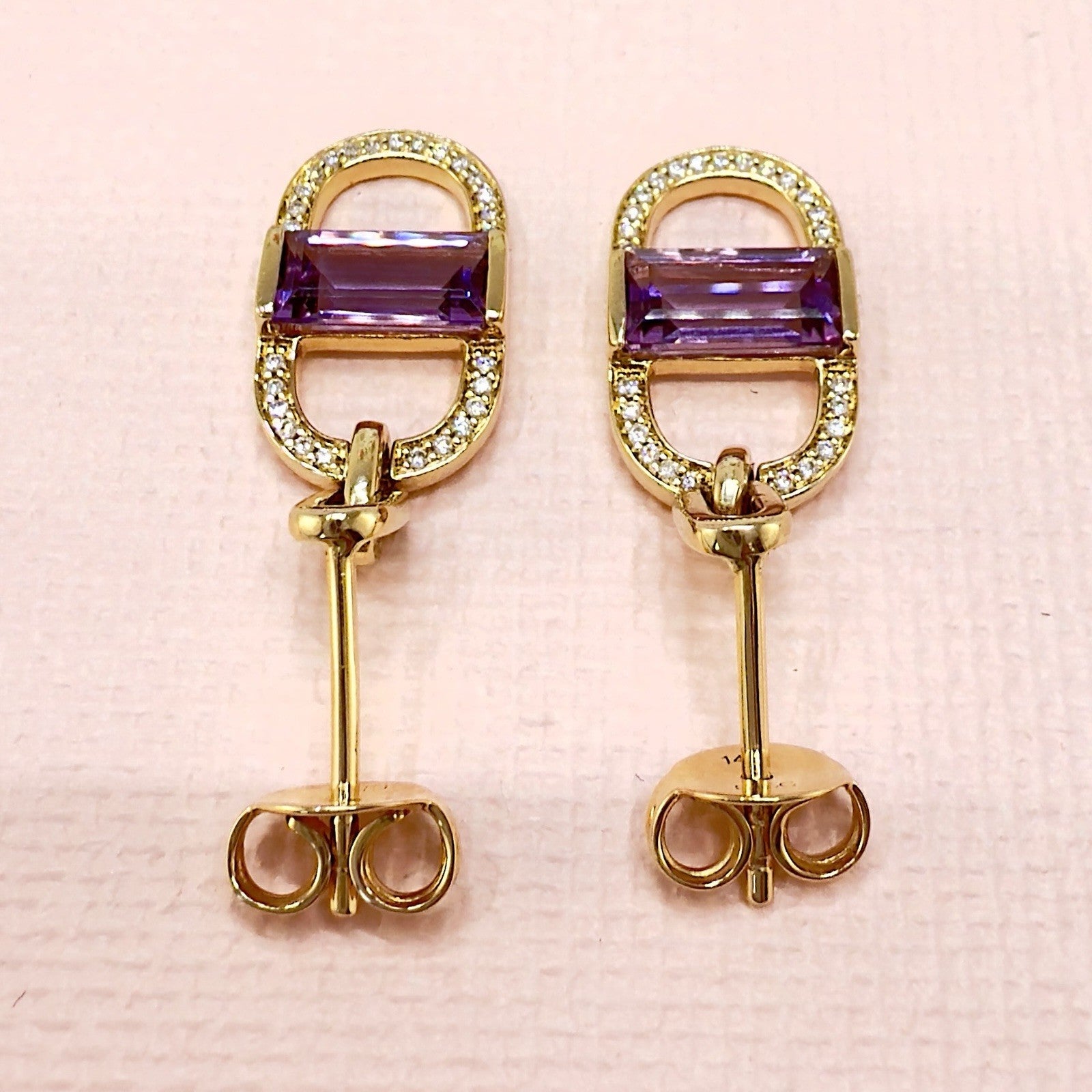 14k Yelow Gold Genuine Amethyst & Diamond Monernist Dangle Earrings, New