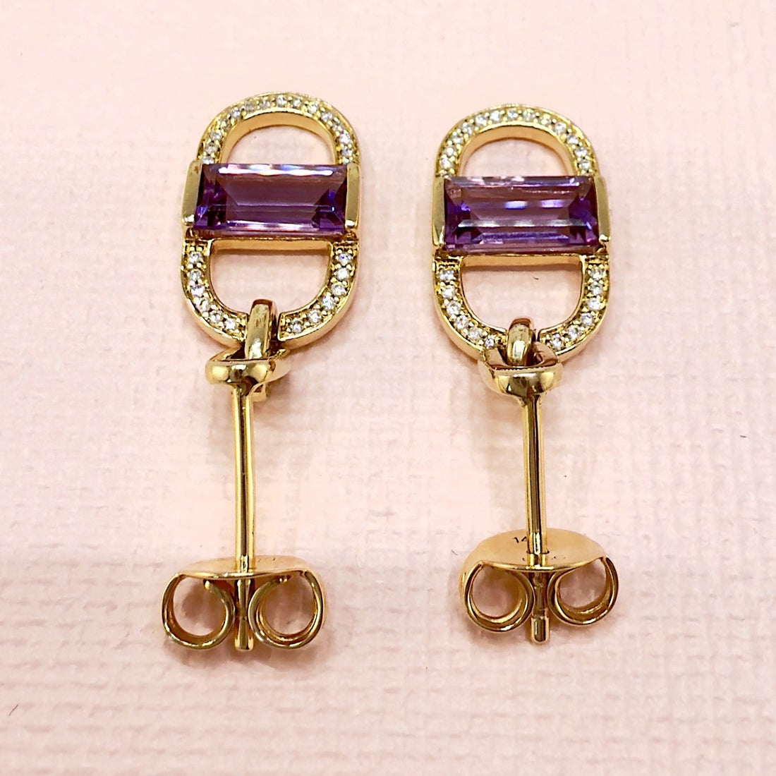 14k Yelow Gold Genuine Amethyst & Diamond Monernist Dangle Earrings, New