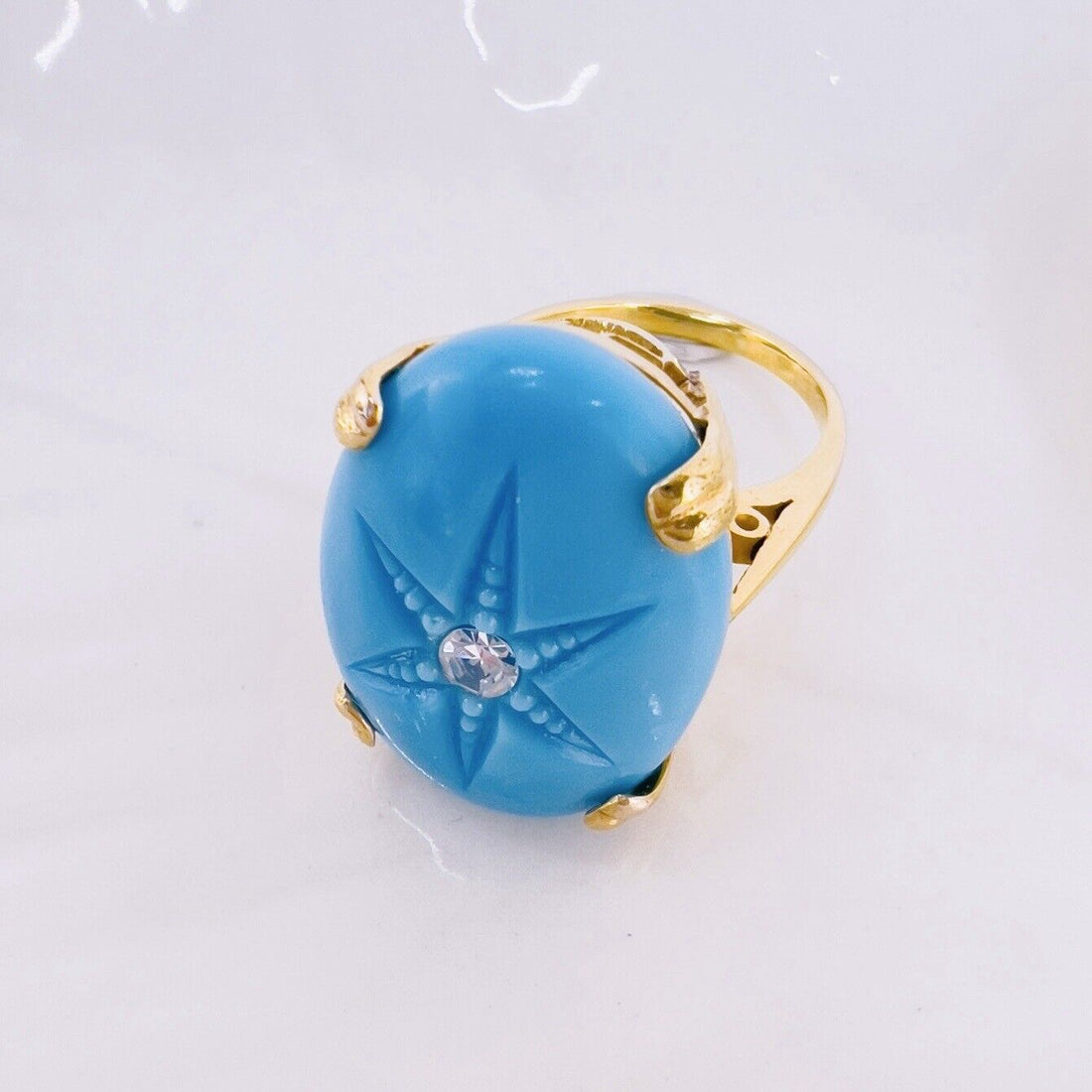 Vintage European 8k Yellow Gold American Turquoise & Diamond Ring, Size 4.75