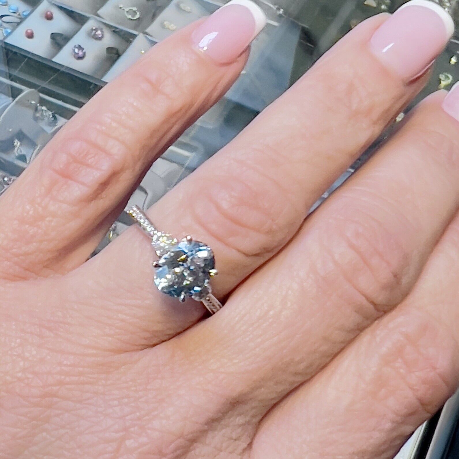 14k White Gold Genuine Aquamarine & Diamond Ring, New Size 7