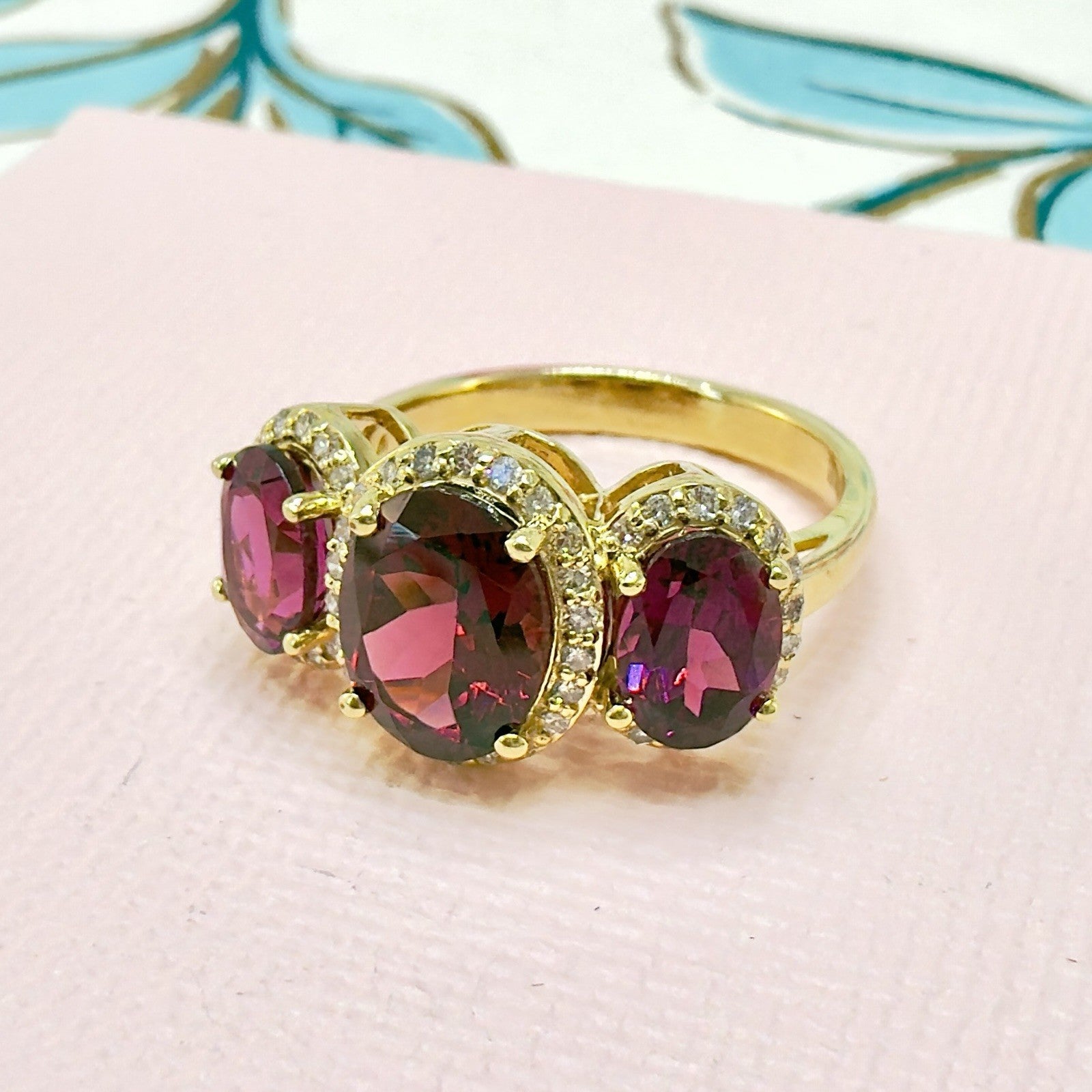 10K Yellow Gold Genuine Rhodolite Garnet & Diamond Three Stone Ring, Sz 6.5, New