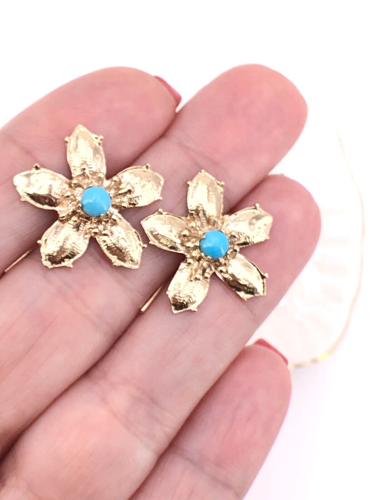 14K Yellow Gold & Sleeping Beauty Turquoise 5 Petal Flower Hook Earrings, New