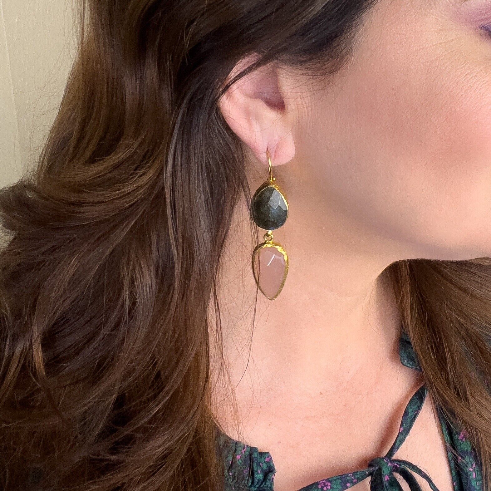 Etruscan Revival Labradorite & Rose Chalcedony Earrings 22k Yellow Gold Overlay