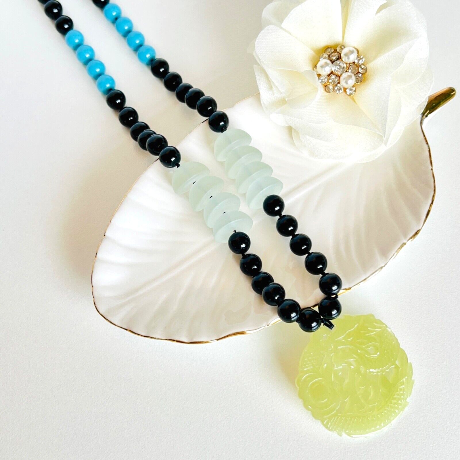 Genuine Multi-Gemstone Necklace With Serpentine Asian Dragon Pendant, New 30"