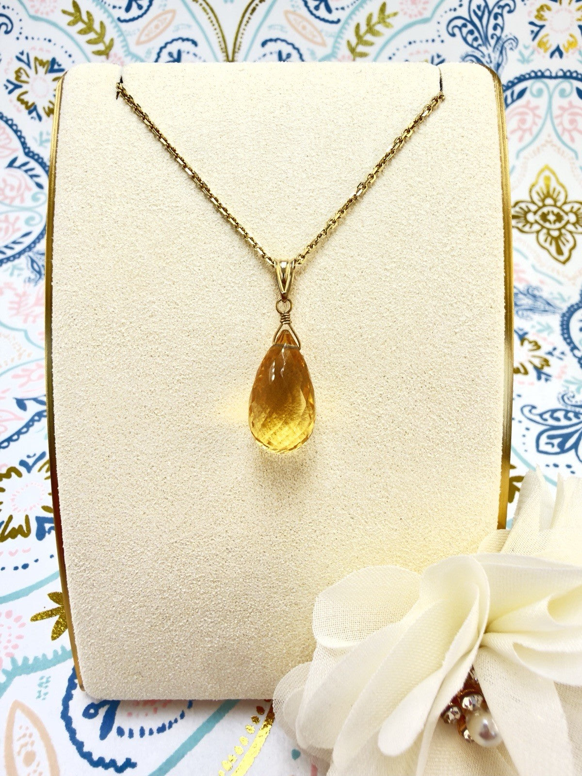 14k Yellow Gold Genuine Citrine Drop Pendant, 1" New